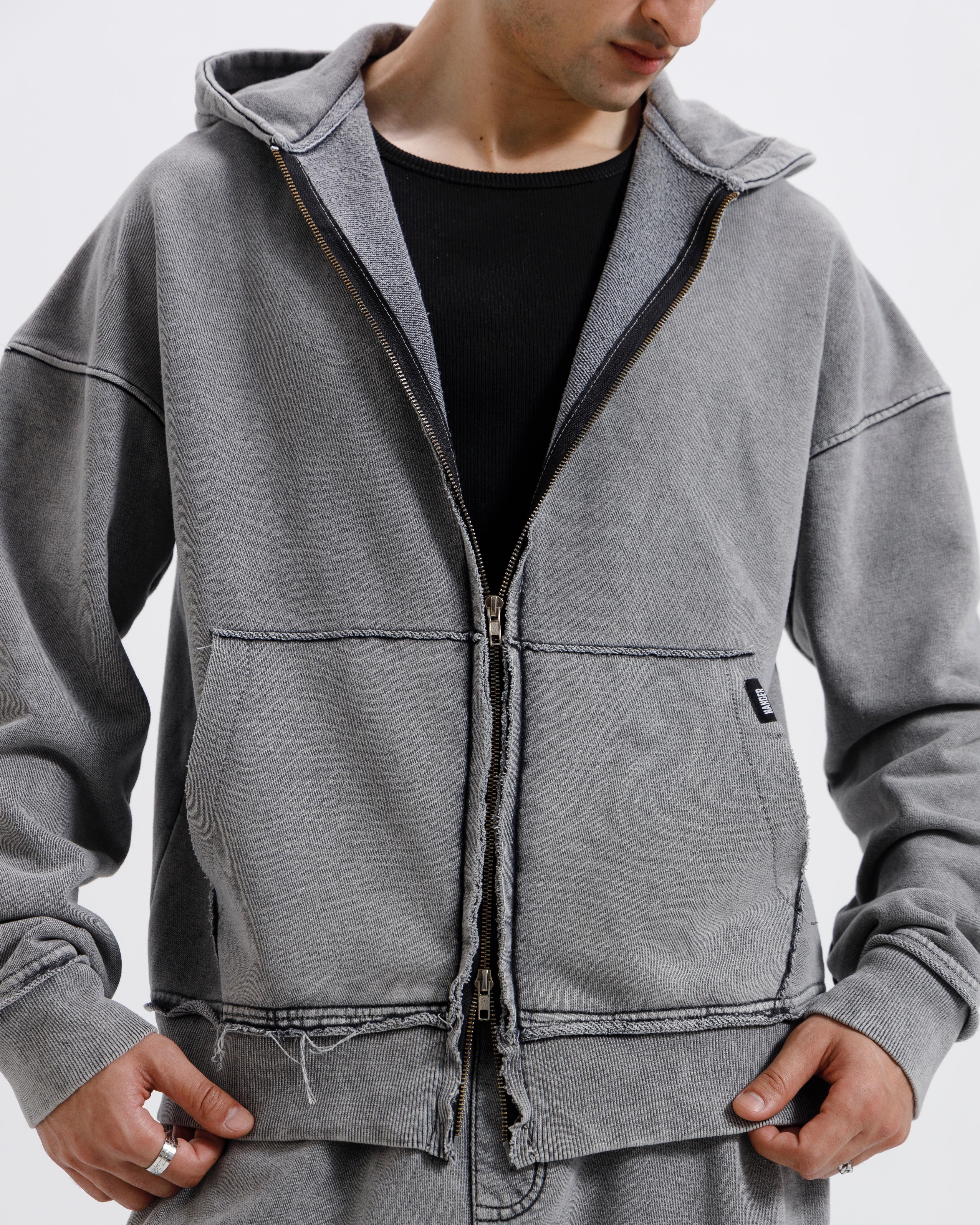 Washed Frayed Zipper Hoodie