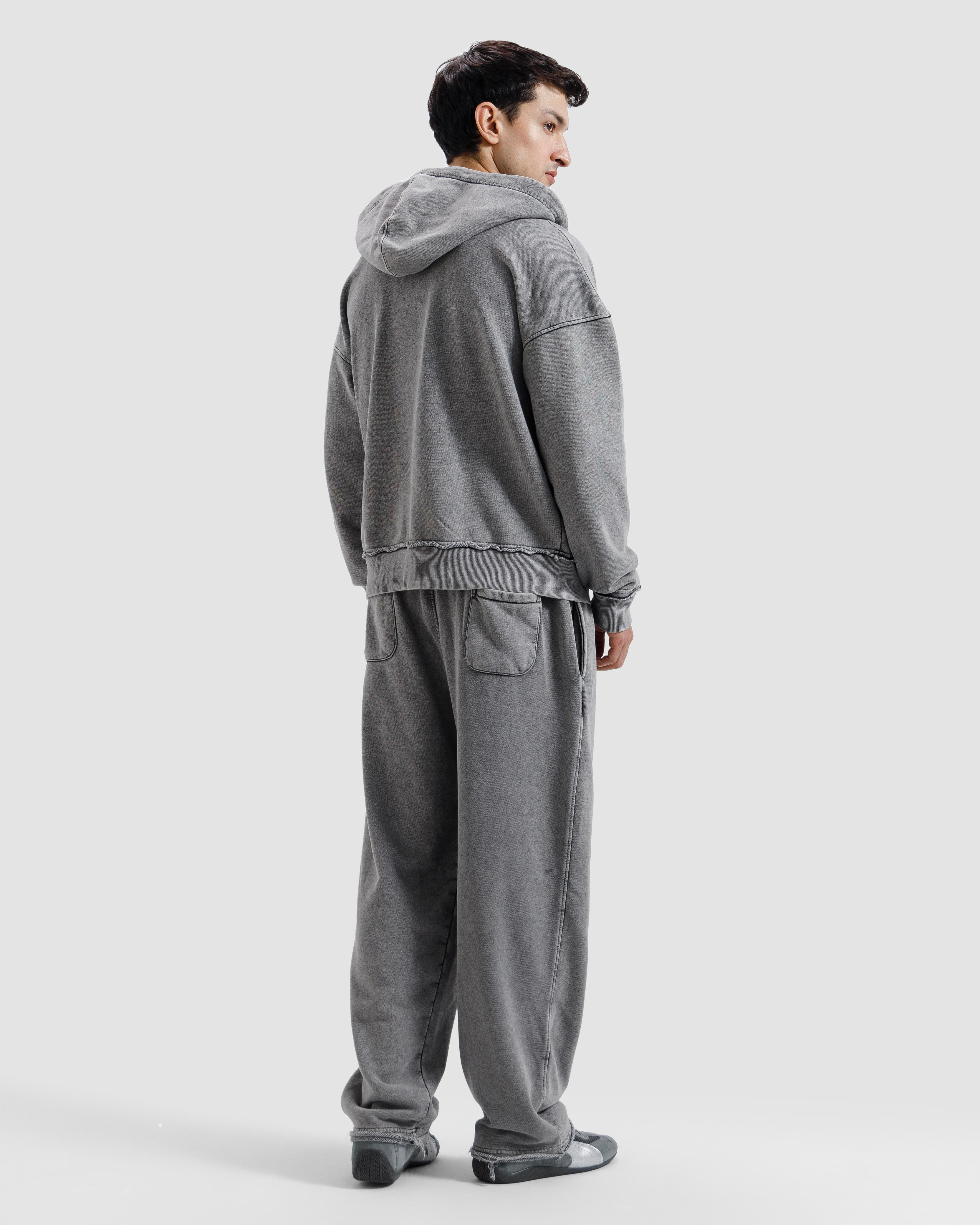 Washed Frayed Zipper Hoodie