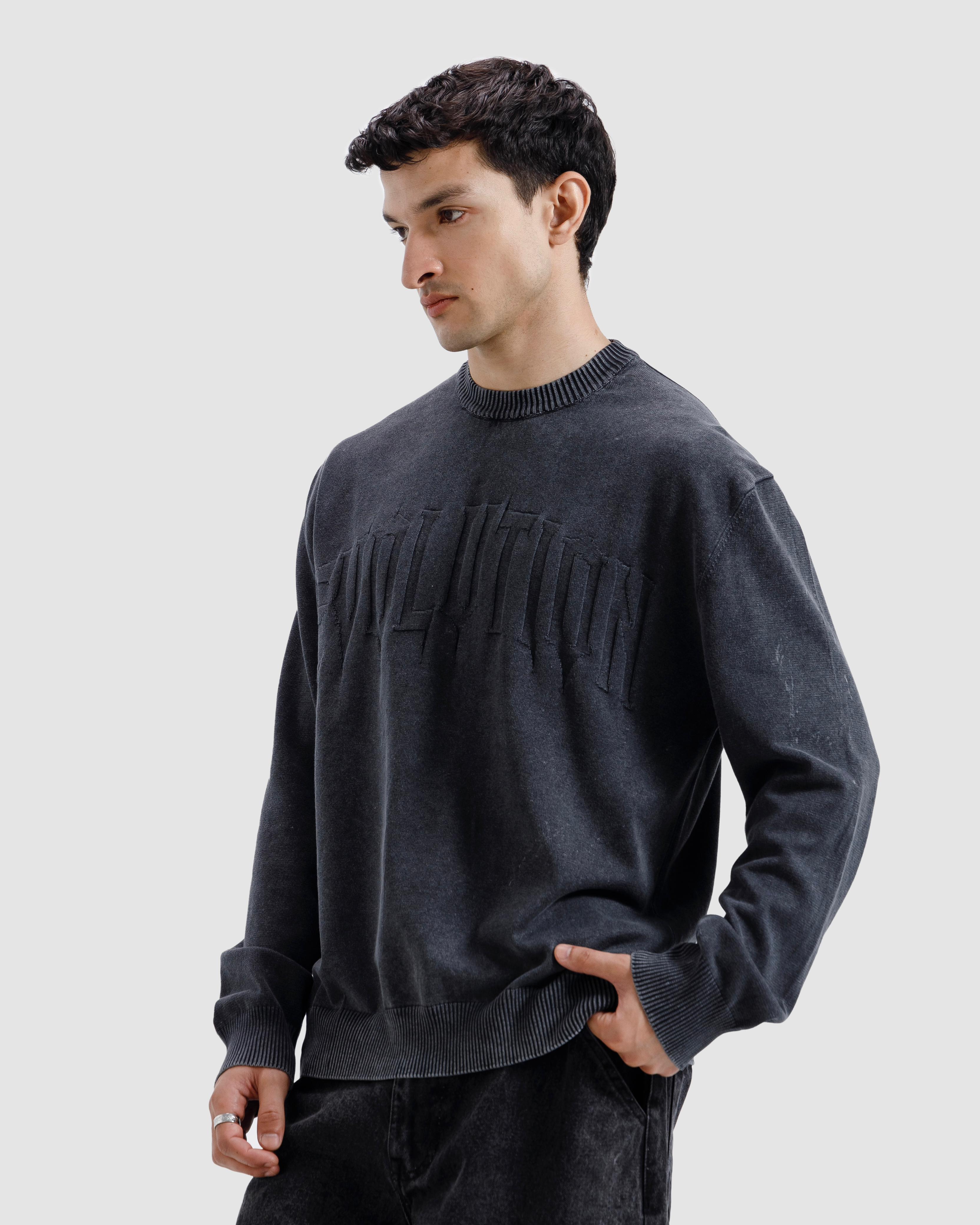 Washed Jacquard Text Knit Sweater