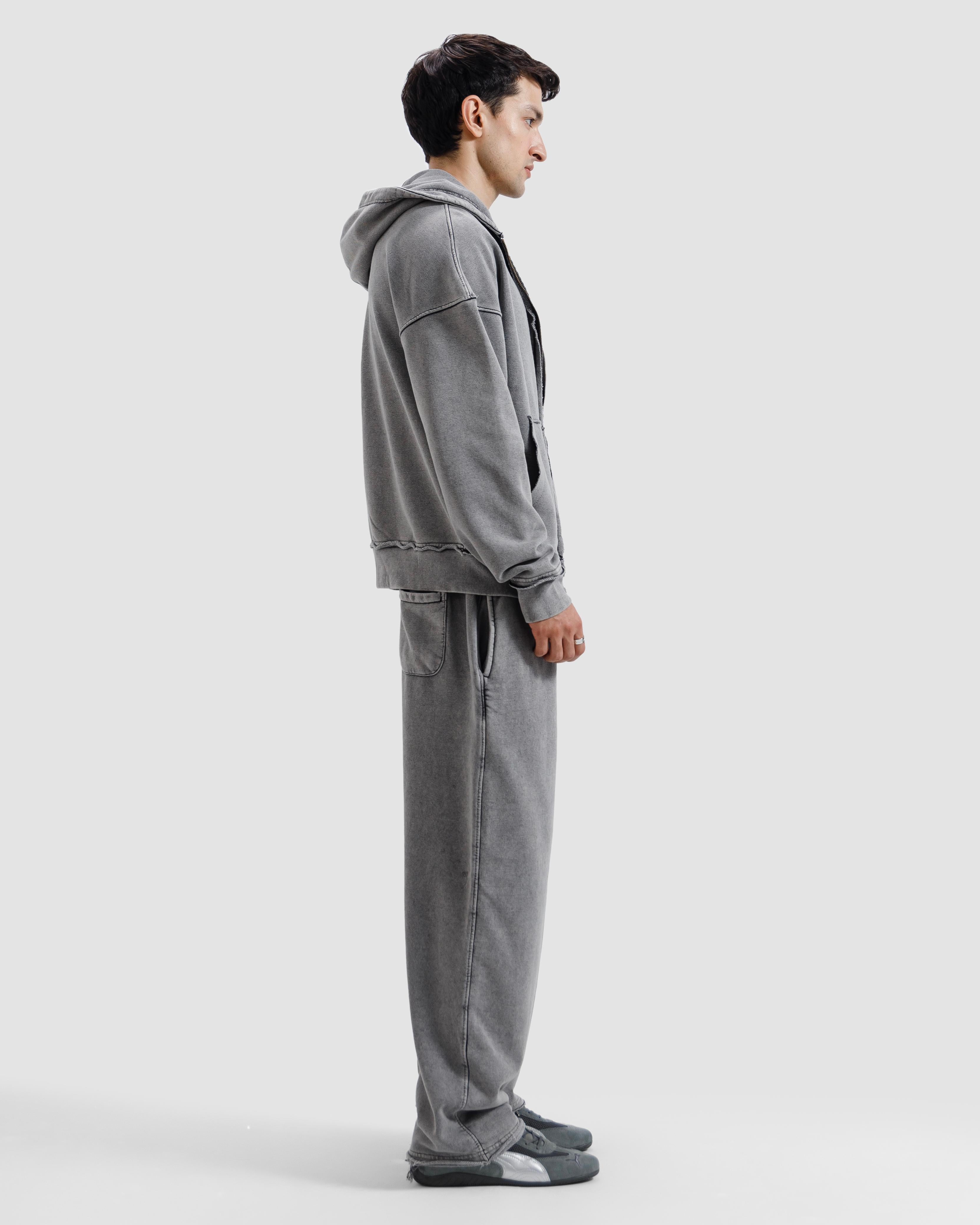 Washed Frayed Zipper Hoodie