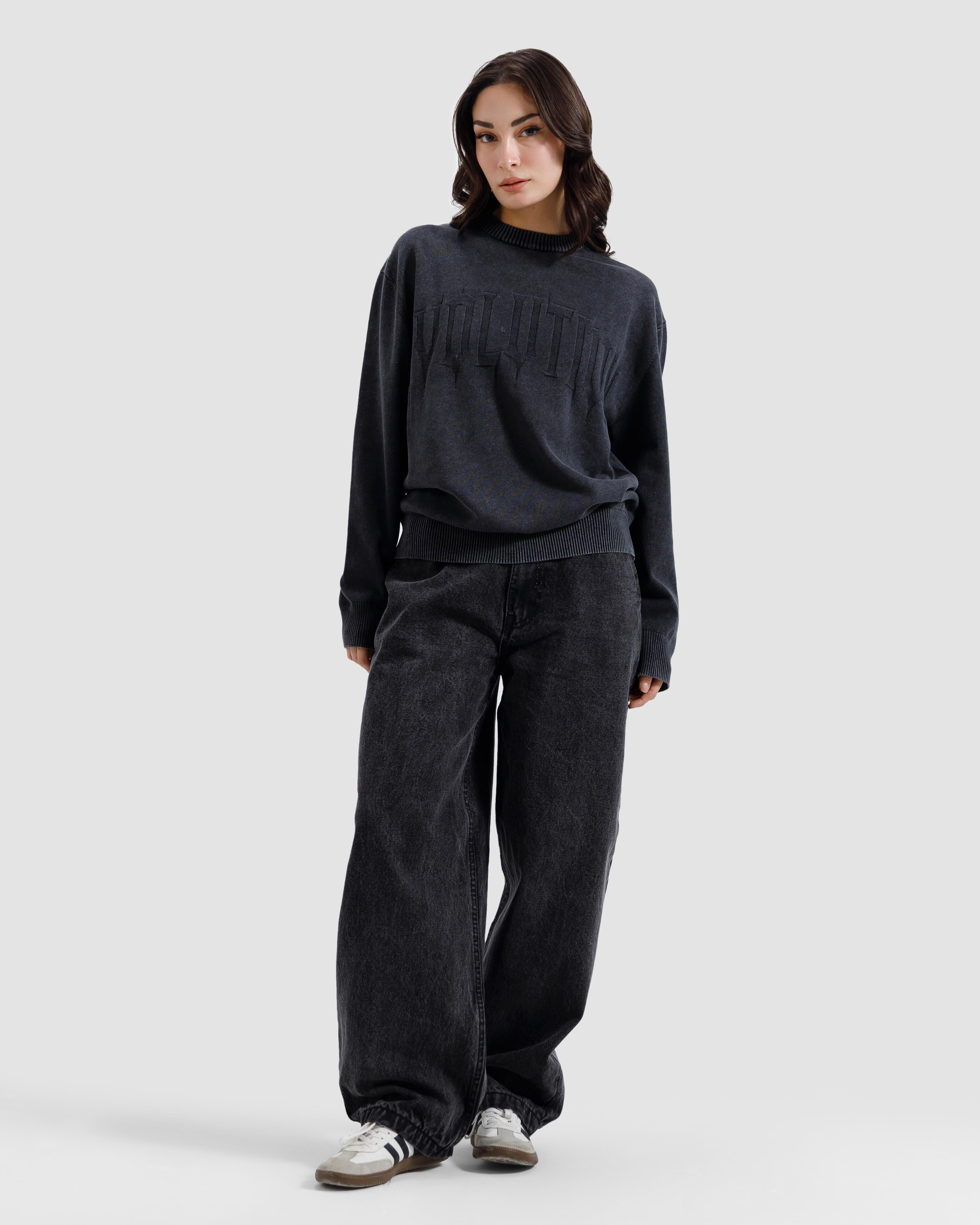 Washed Jacquard Text Knit Sweater