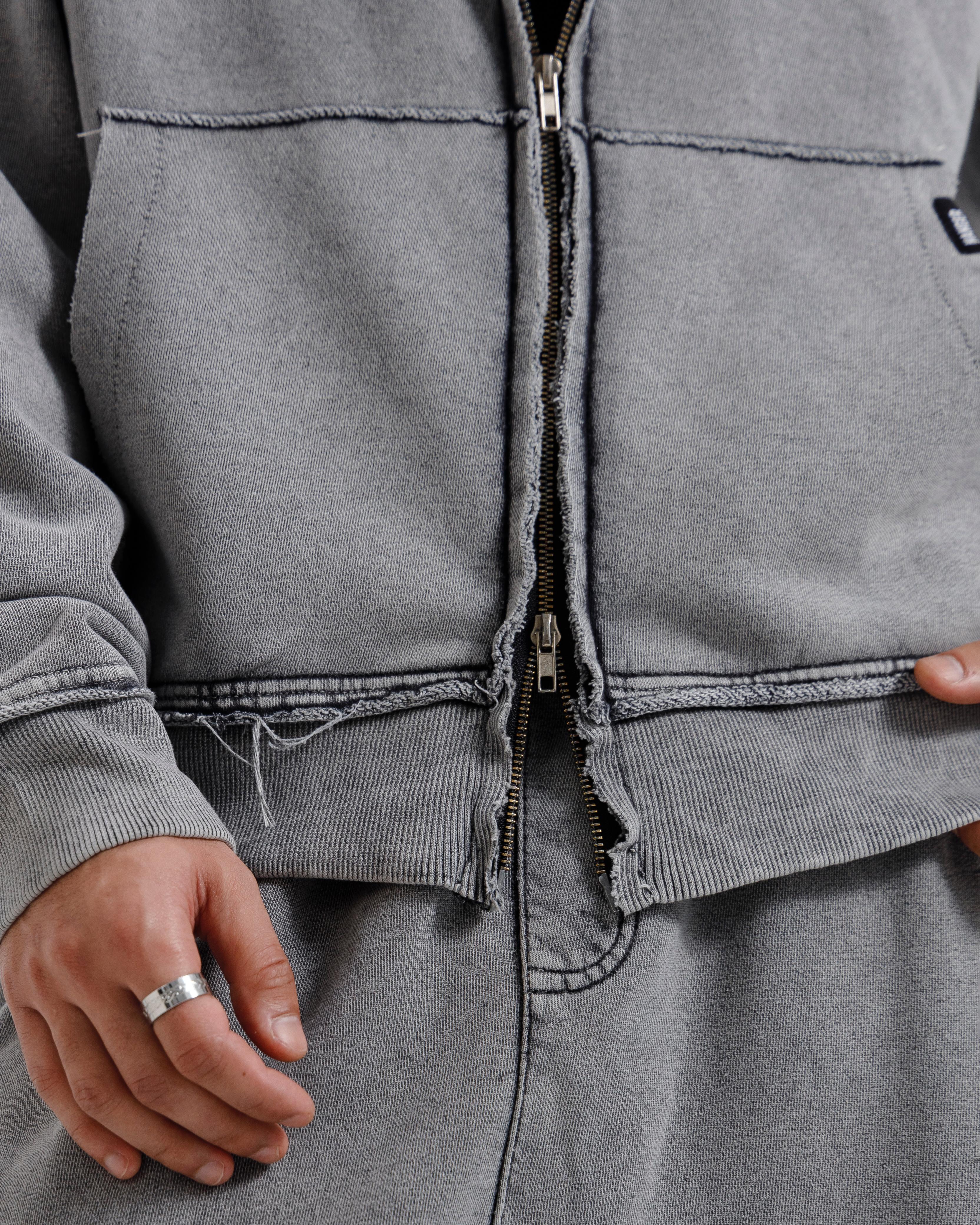 Washed Frayed Zipper Hoodie