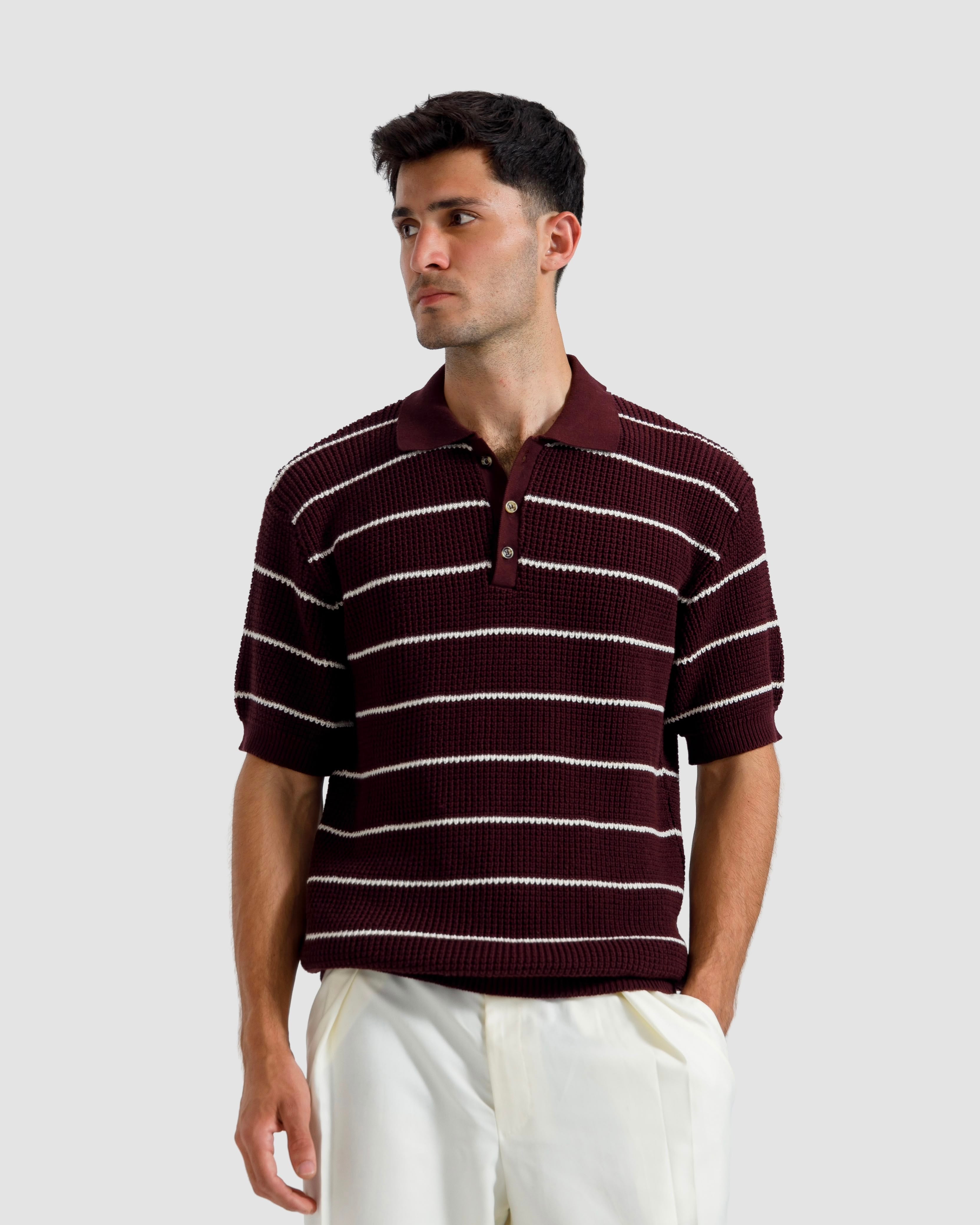 Striped Textured Knit Polo