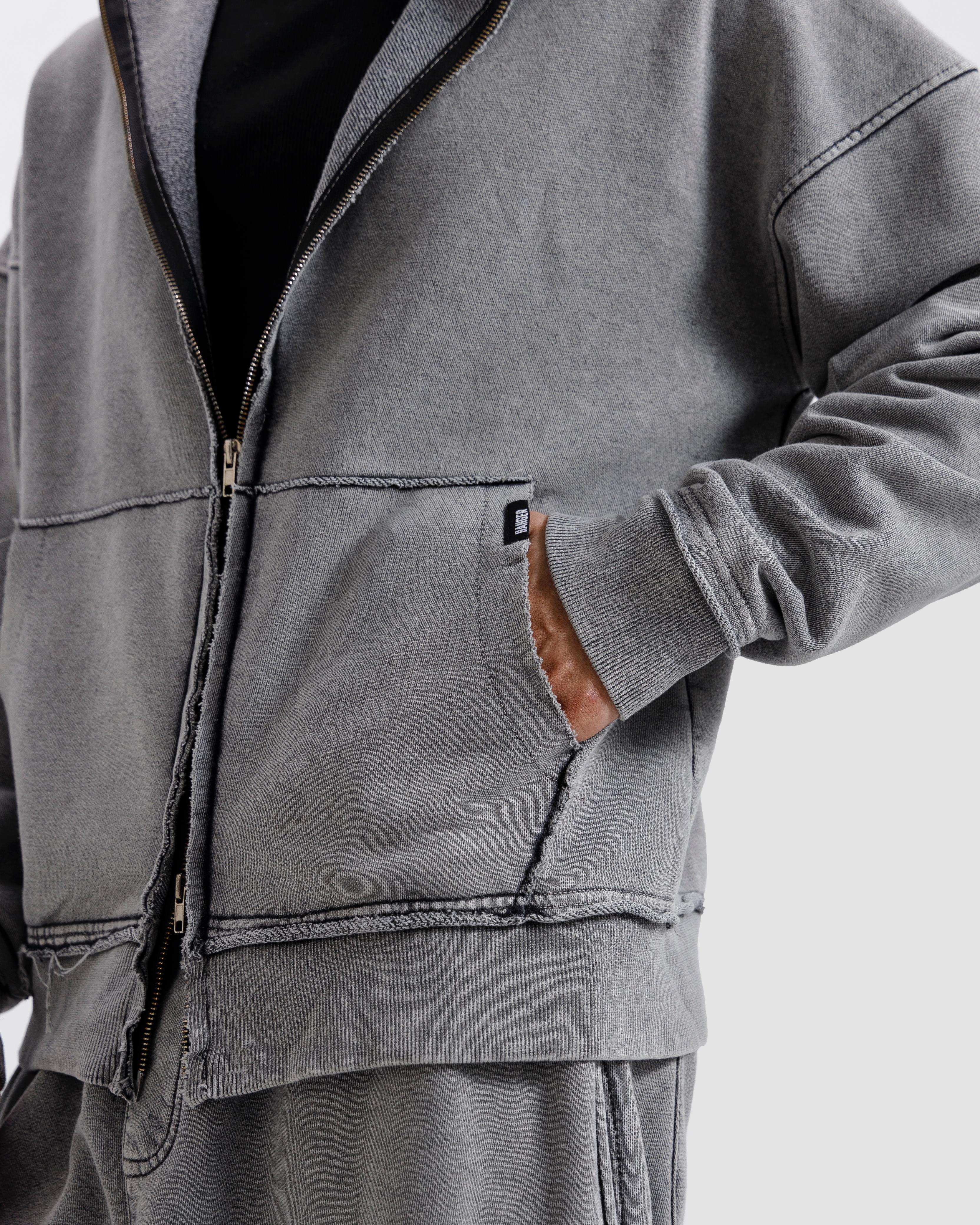 Washed Frayed Zipper Hoodie