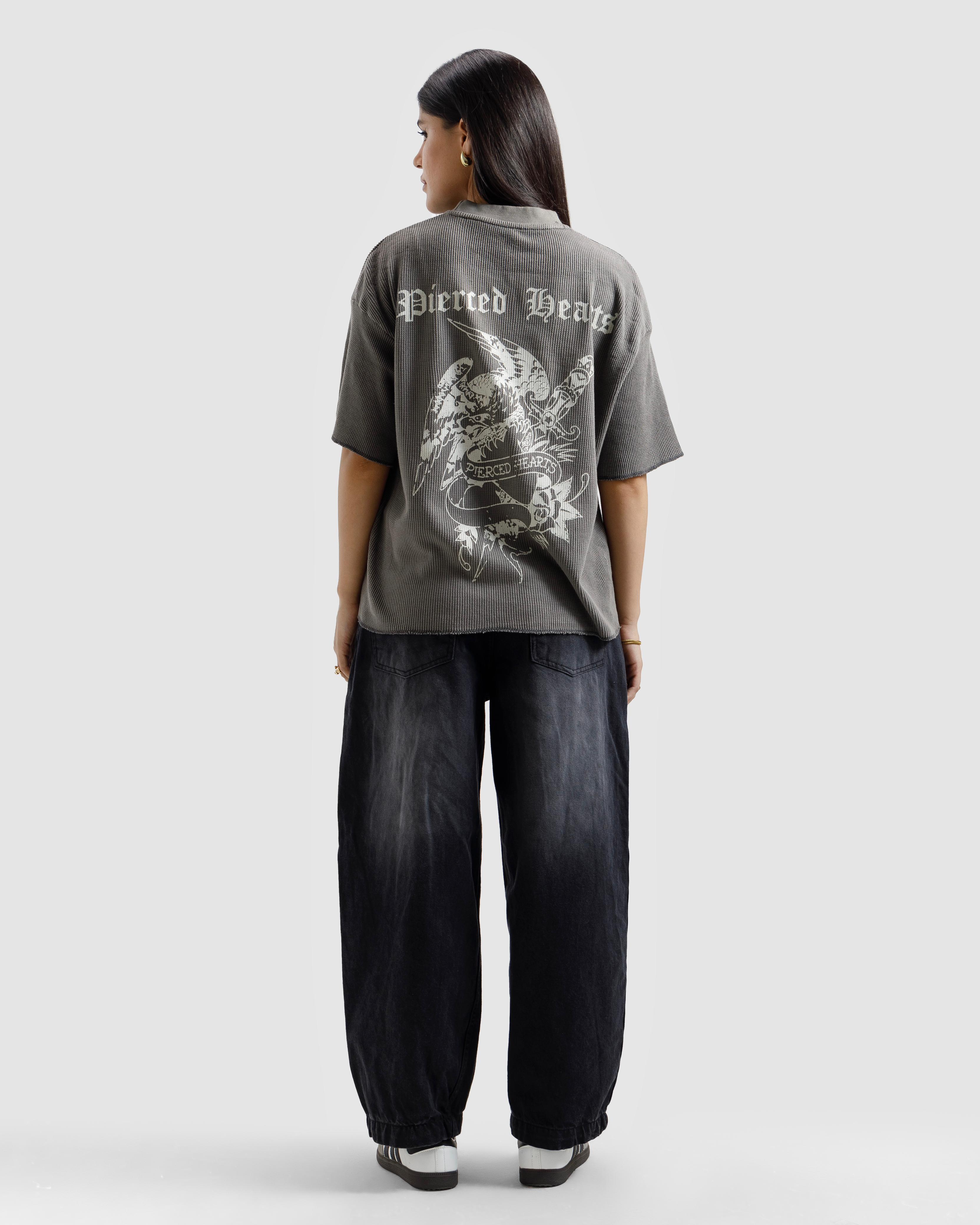 Washed Waffle Knit Pierced Hearts Tshirt