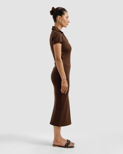 Brown Ribbed Polo Dress