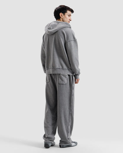 Washed Frayed Zipper Hoodie