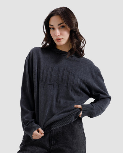 Washed Jacquard Text Knit Sweater