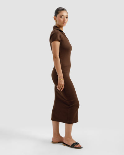 Brown Ribbed Polo Dress