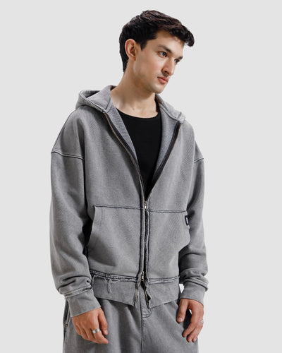 Washed Frayed Zipper Hoodie