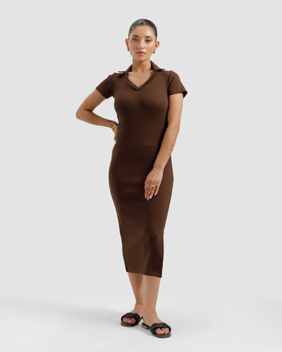 Brown Ribbed Polo Dress