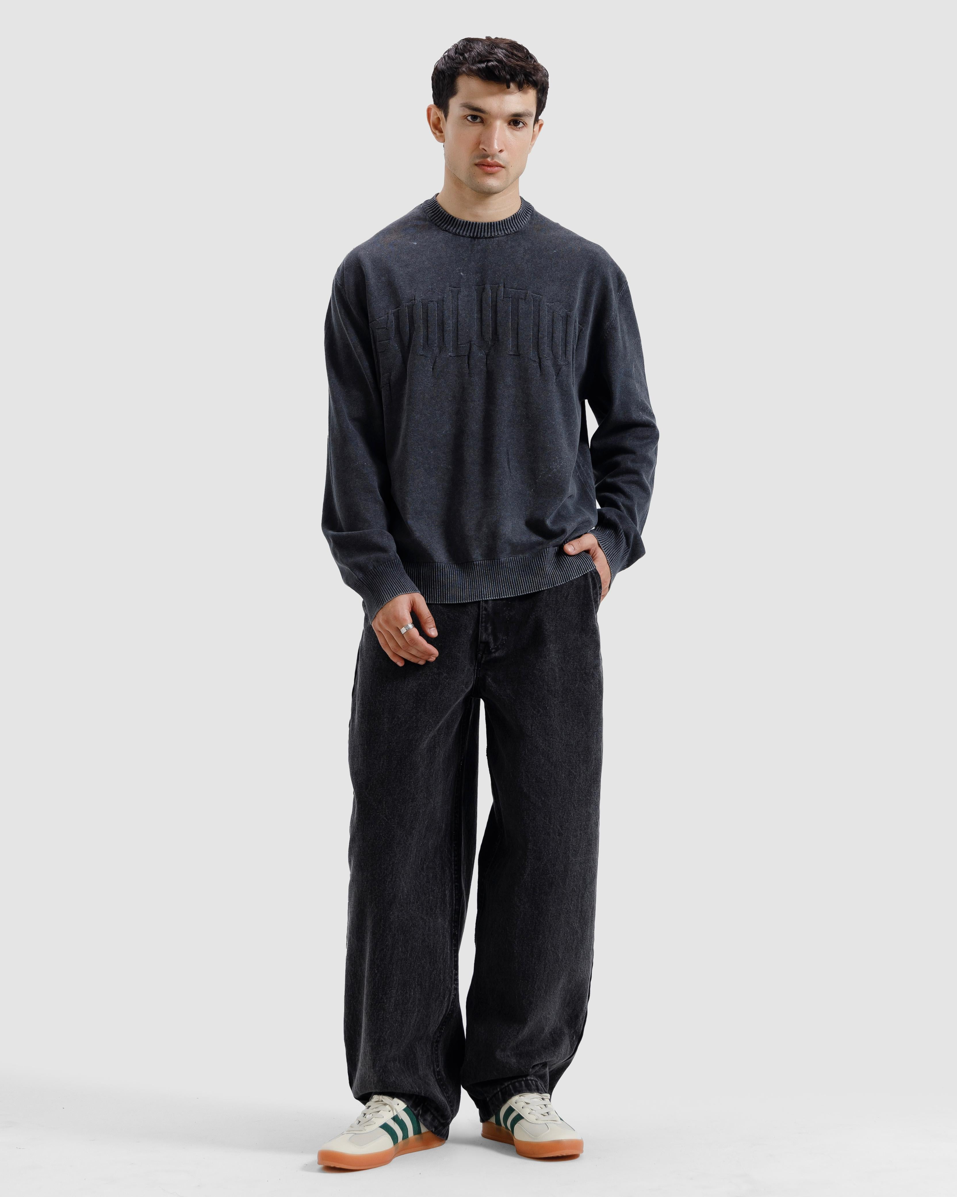 Washed Jacquard Text Knit Sweater