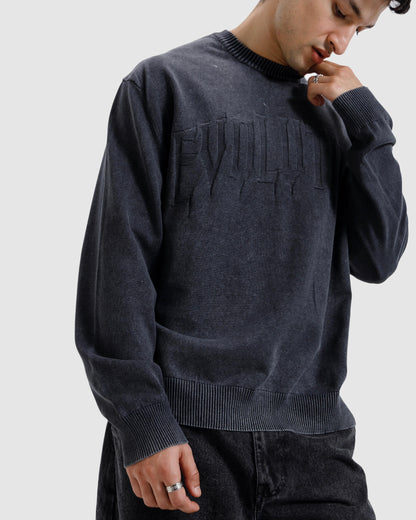 Washed Jacquard Text Knit Sweater
