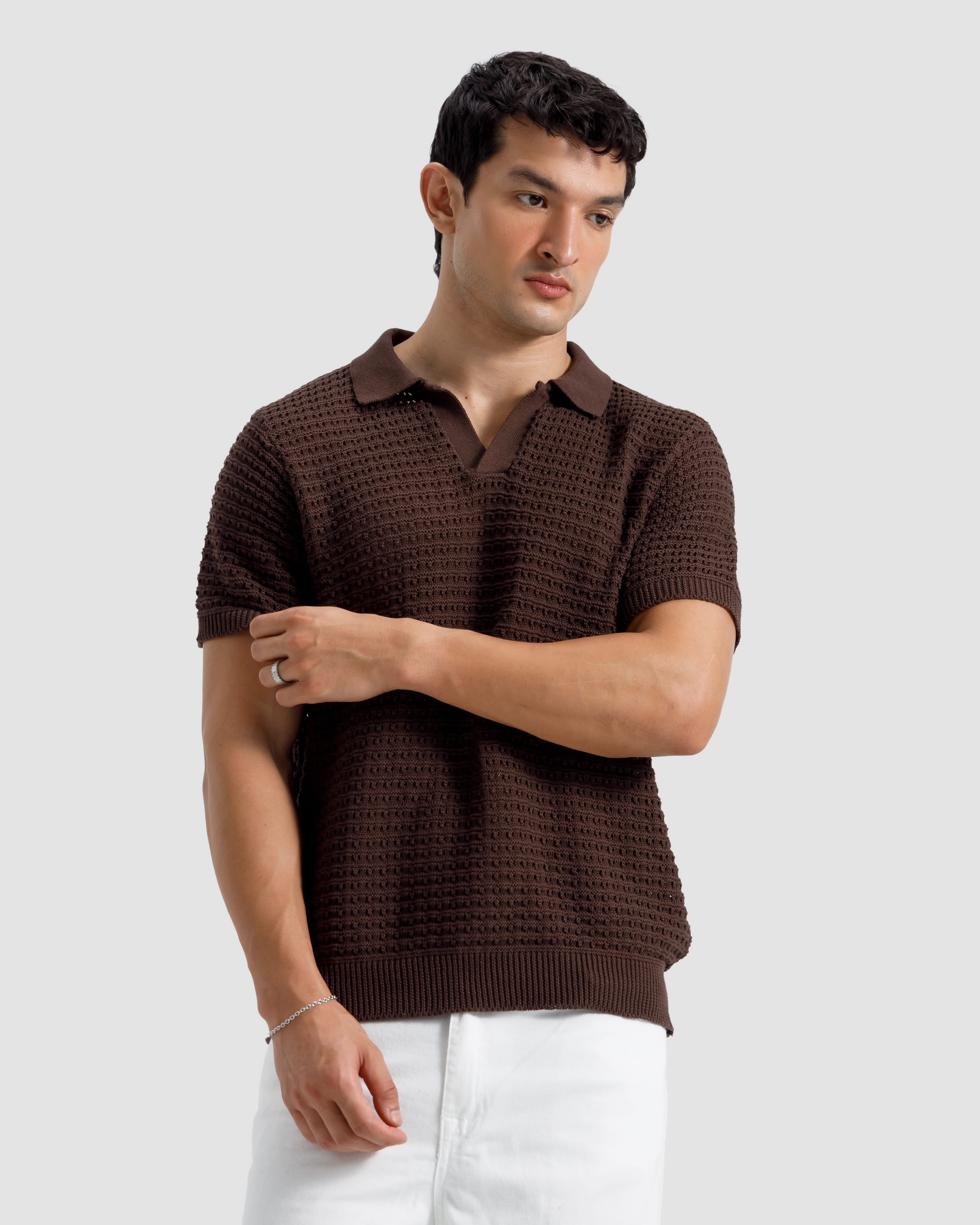 Textured Open Knit Polo