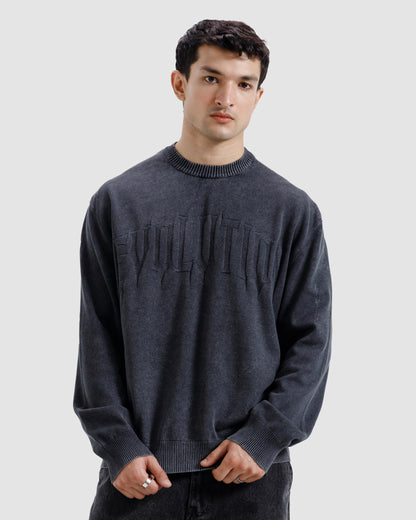 Washed Jacquard Text Knit Sweater