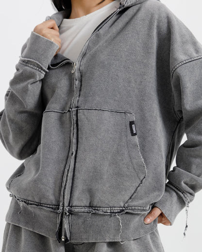 Washed Frayed Zipper Hoodie