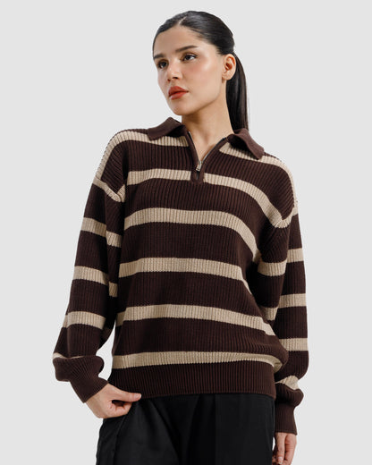 Striped Knitted Quarter-Zip Sweater