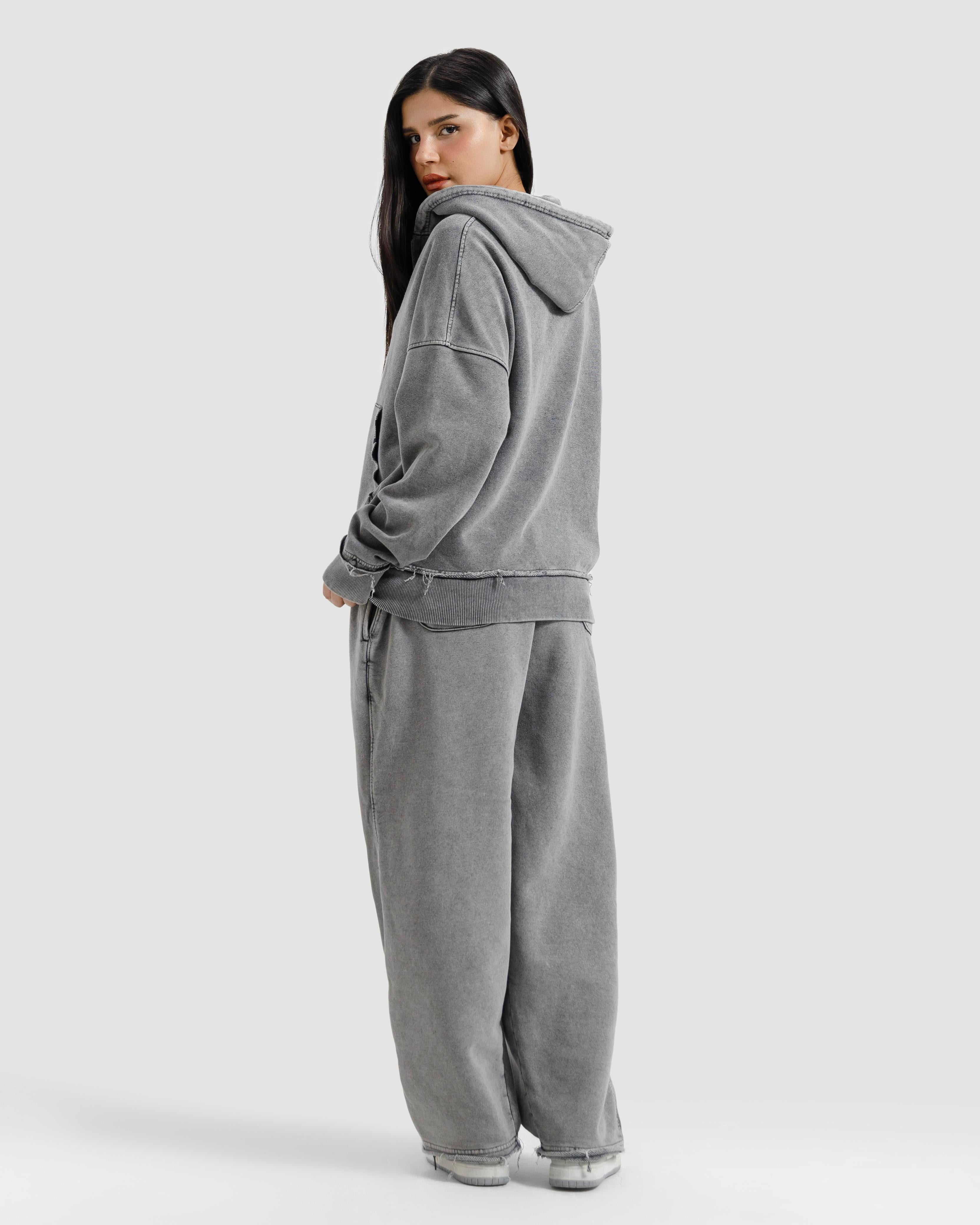 Washed Frayed Zipper Hoodie