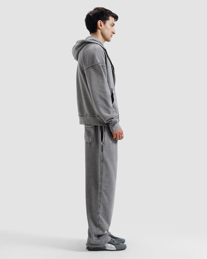 Washed Frayed Zipper Hoodie