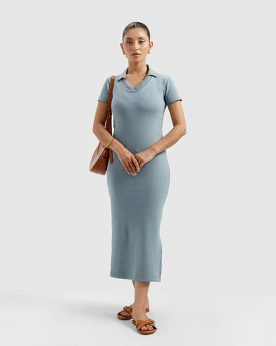 Cyan Ribbed Polo Dress