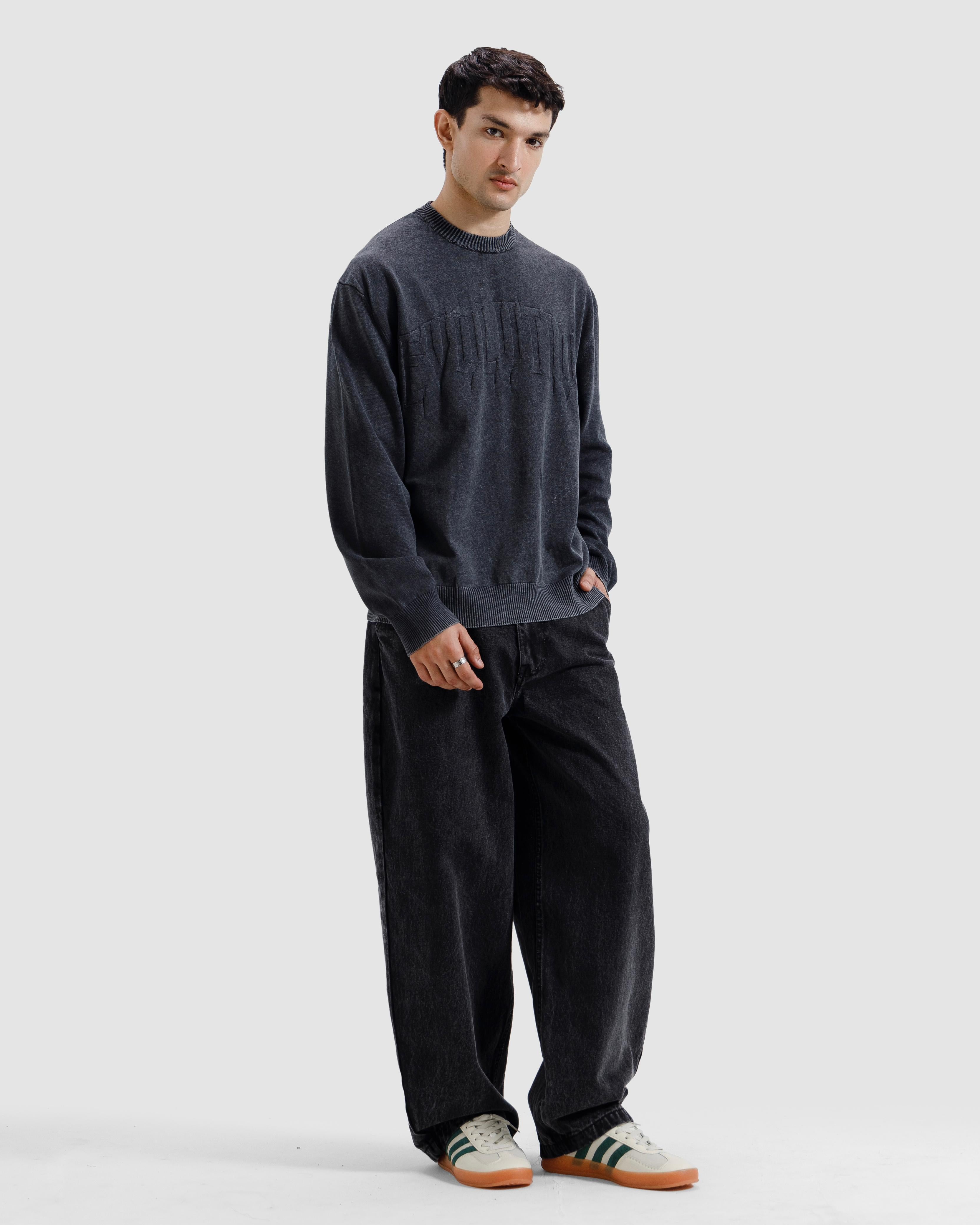 Washed Jacquard Text Knit Sweater