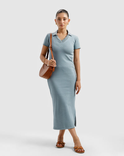 Cyan Ribbed Polo Dress