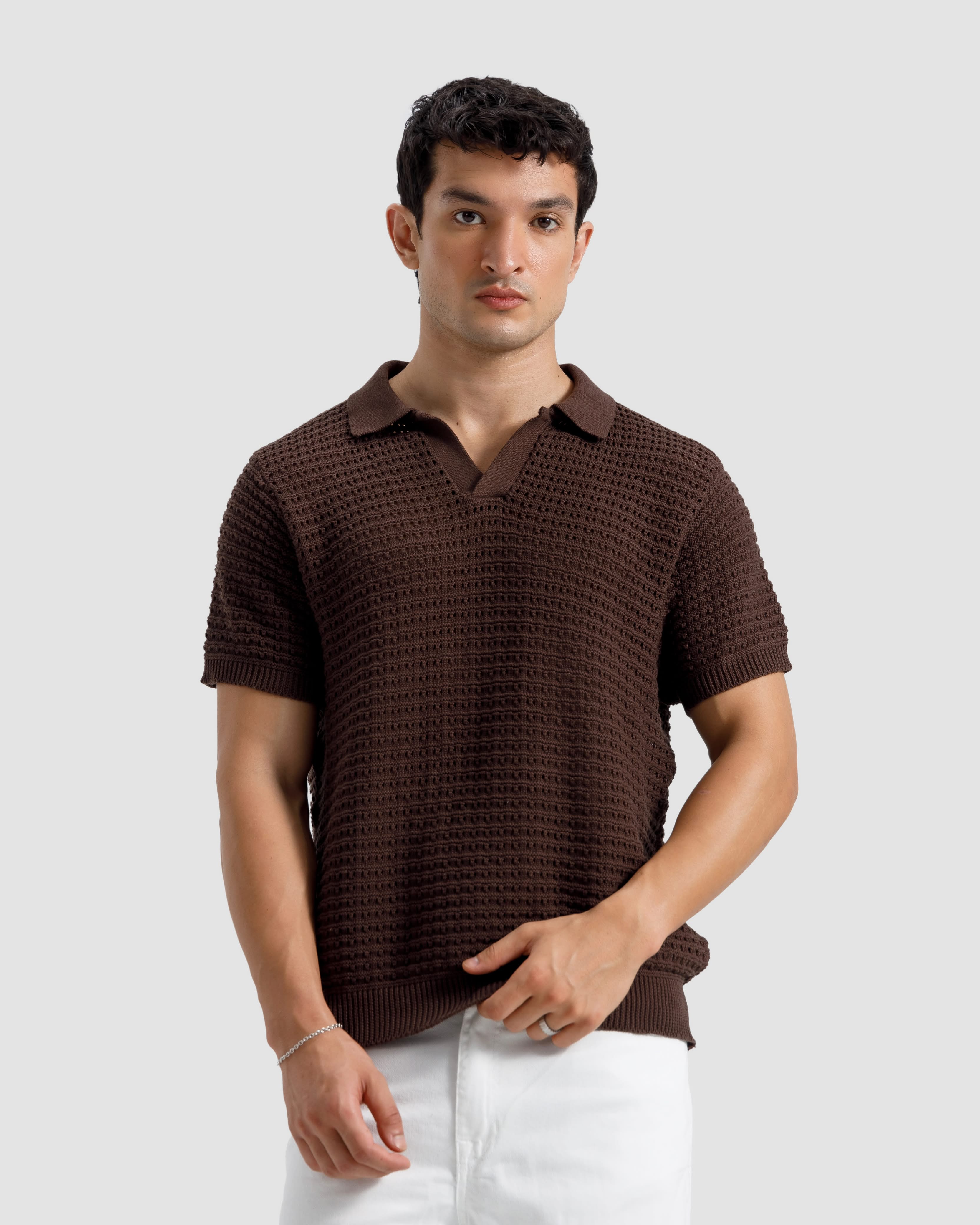 Textured Open Knit Polo