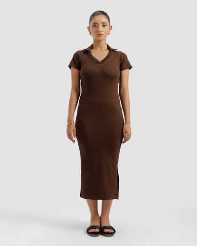 Brown Ribbed Polo Dress