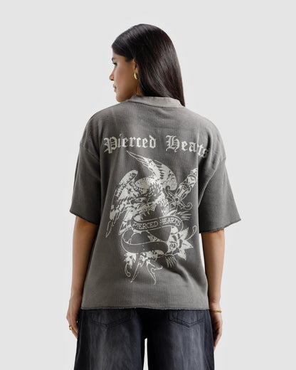 Washed Waffle Knit Pierced Hearts Tshirt