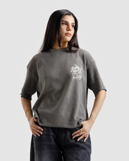 Washed Waffle Knit Pierced Hearts Tshirt