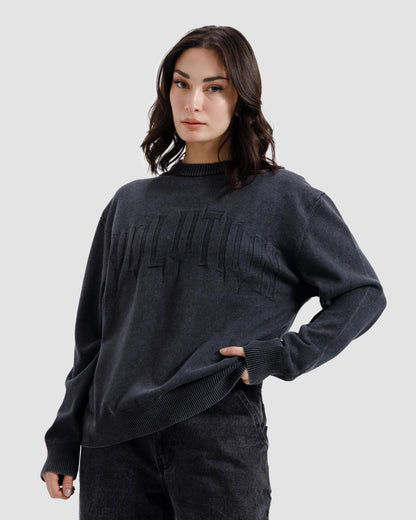 Washed Jacquard Text Knit Sweater