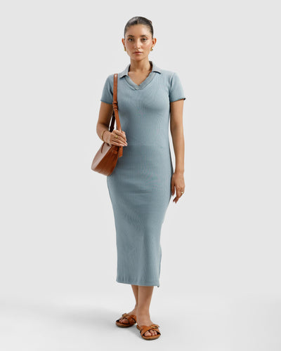 Cyan Ribbed Polo Dress