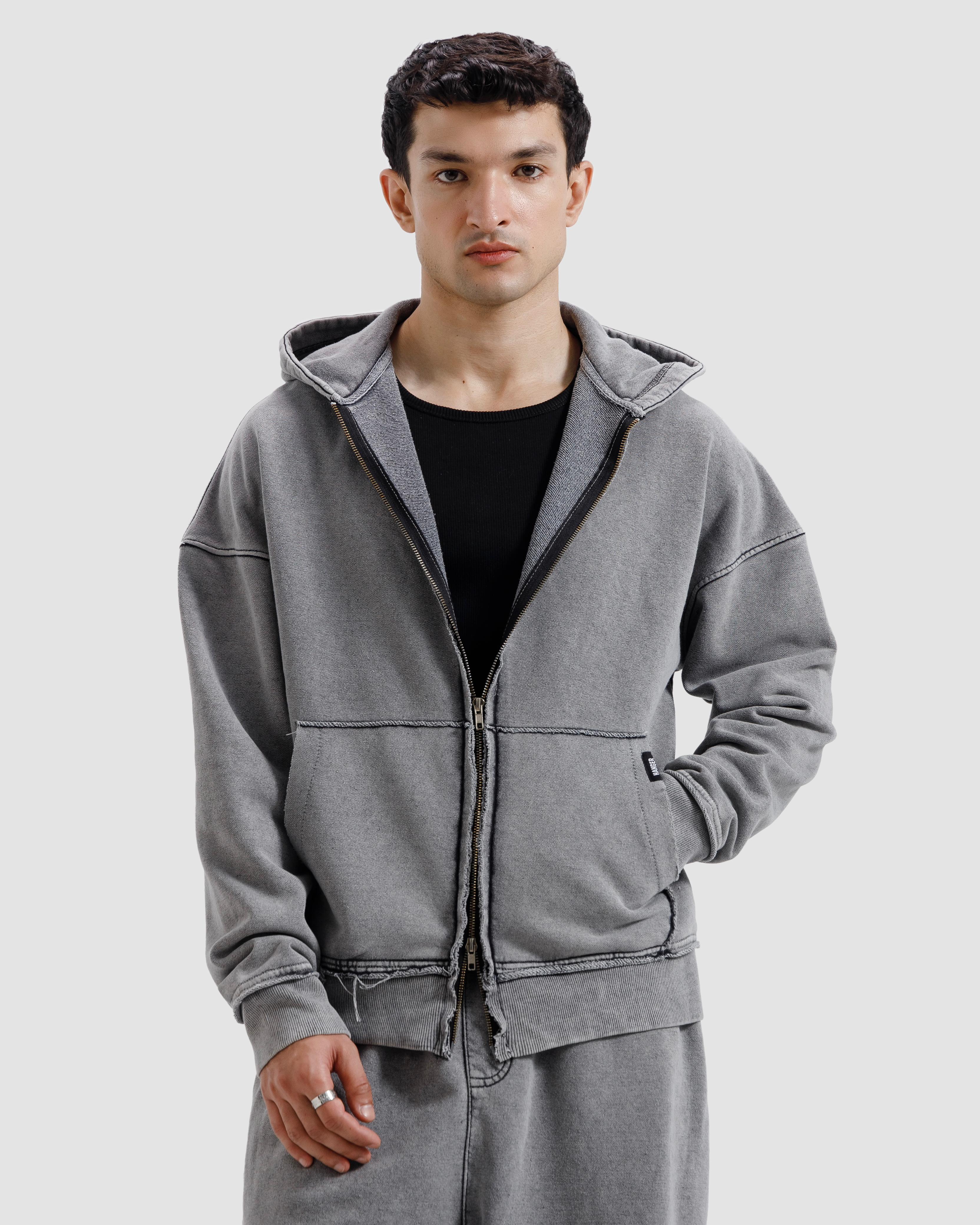 Washed Frayed Zipper Hoodie