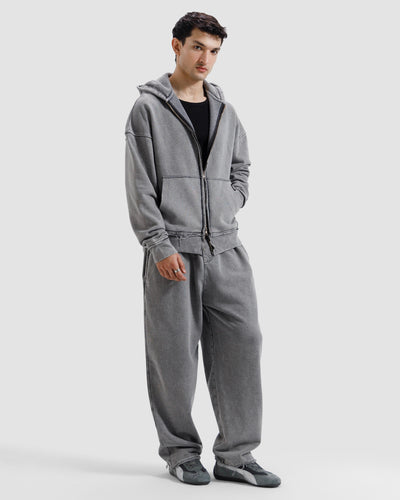 Washed Frayed Zipper Hoodie