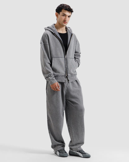 Washed Frayed Zipper Hoodie