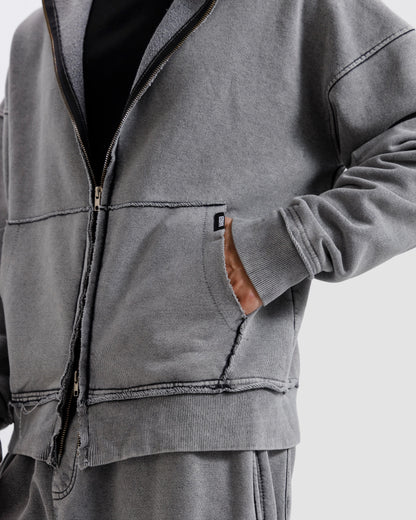 Washed Frayed Zipper Hoodie