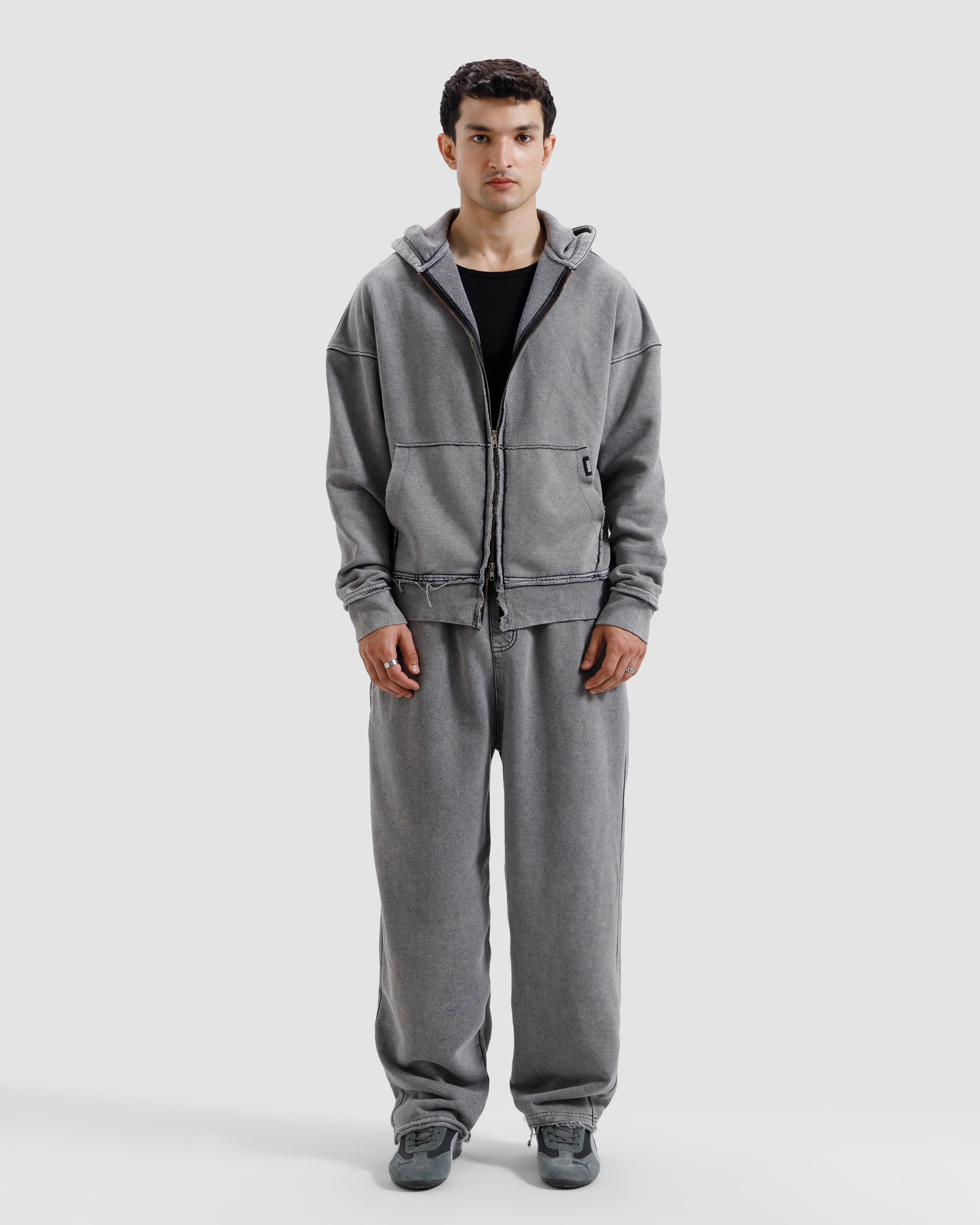 Washed Frayed Zipper Hoodie