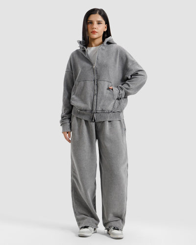 Washed Frayed Zipper Hoodie