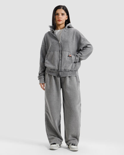 Washed Frayed Zipper Hoodie